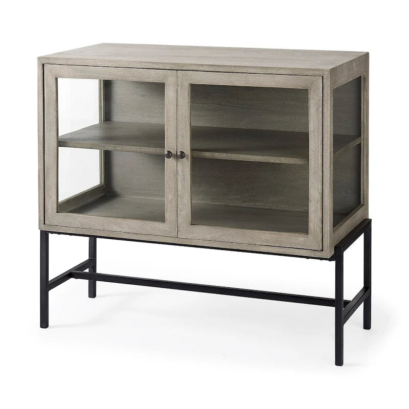 Light Brown Solid Wood Accent Cabinet with Black Iron Frame & 2 Glass Doors - 36"L x 18"W x 32"H