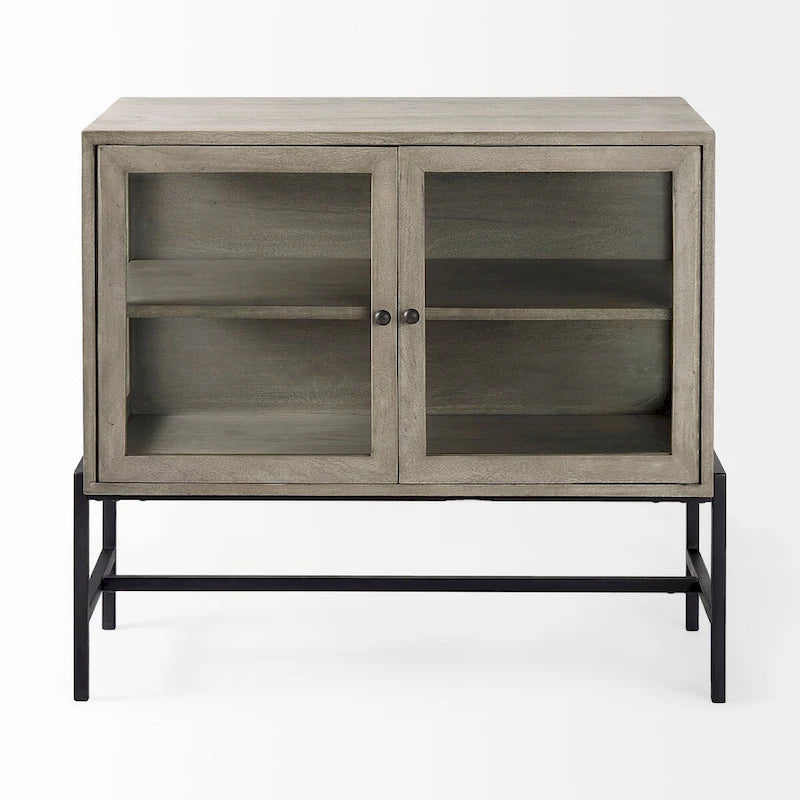 Light Brown Solid Wood Accent Cabinet with Black Iron Frame & 2 Glass Doors - 36"L x 18"W x 32"H