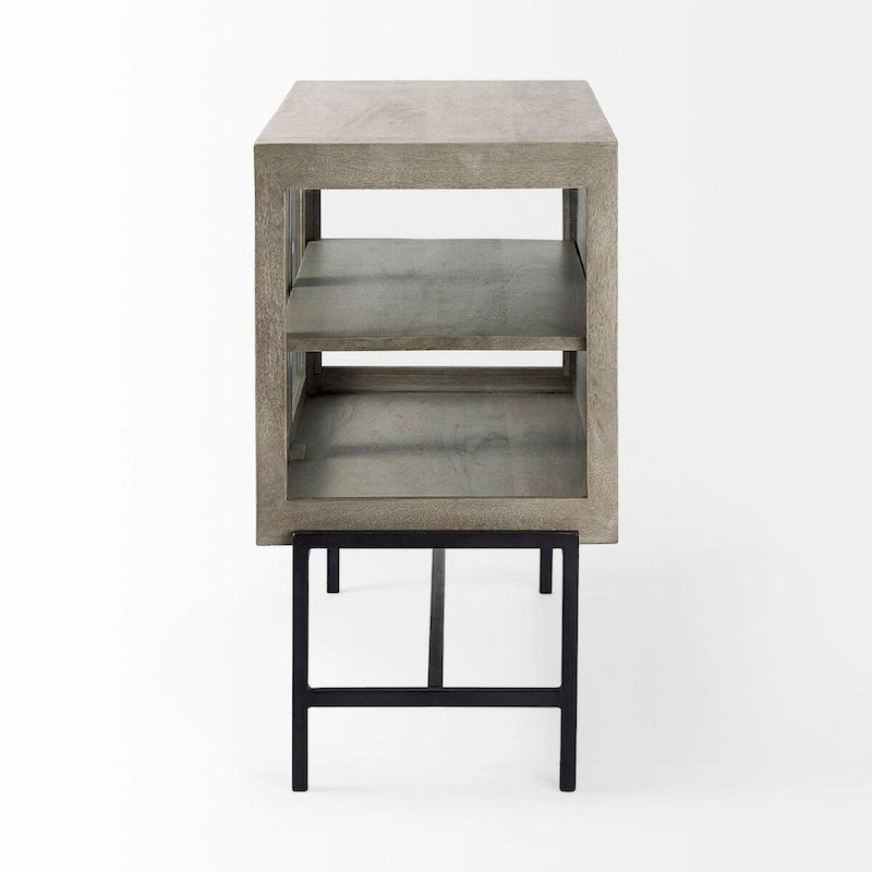 Light Brown Solid Wood Accent Cabinet with Black Iron Frame & 2 Glass Doors - 36"L x 18"W x 32"H
