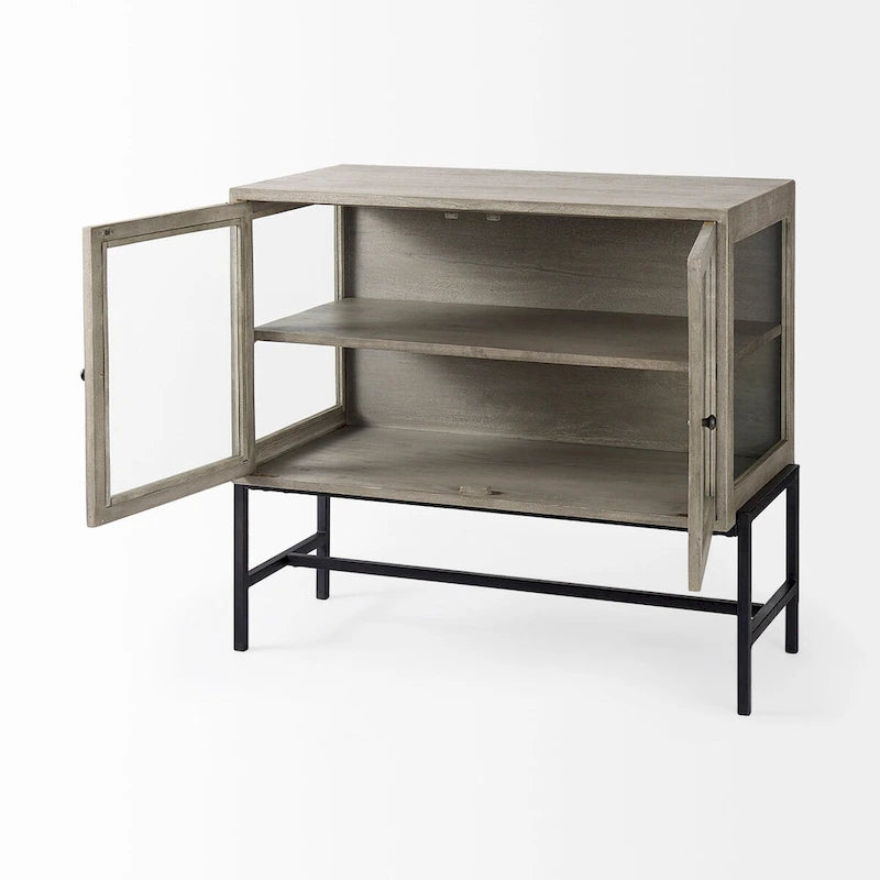 Light Brown Solid Wood Accent Cabinet with Black Iron Frame & 2 Glass Doors - 36"L x 18"W x 32"H