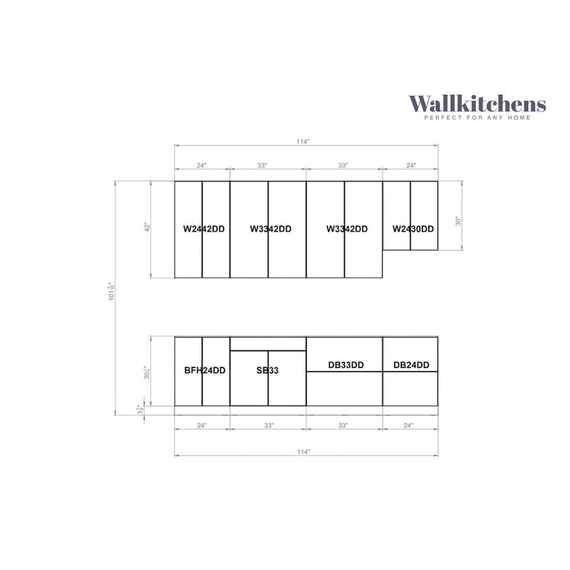Kitchen Contemporary Collection White Matte Color Base Size 9.5Ft Wide - 114x24