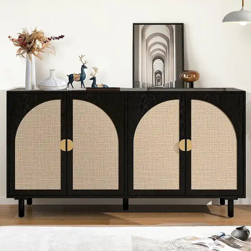 Storage Cabinet w/ 4 Rattan Door,Adjustable Shelves,Buffet Cabinet - 59.06Lx15.75Wx31.5H