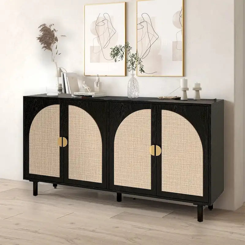 Storage Cabinet w/ 4 Rattan Door,Adjustable Shelves,Buffet Cabinet - 59.06Lx15.75Wx31.5H