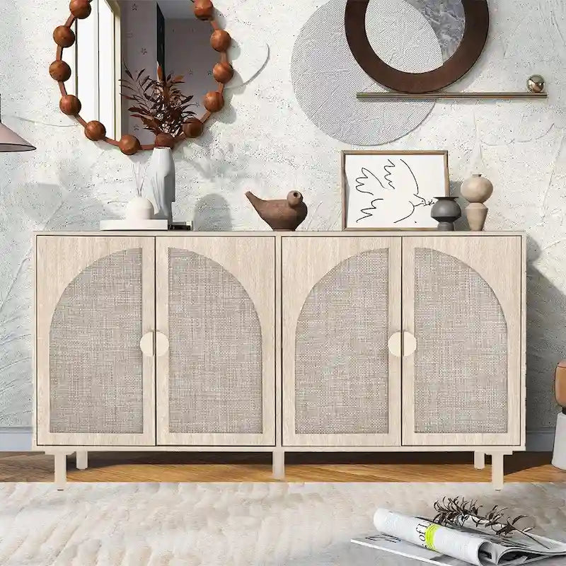 Storage Cabinet w/ 4 Rattan Door,Adjustable Shelves,Buffet Cabinet - 59.06Lx15.75Wx31.5H