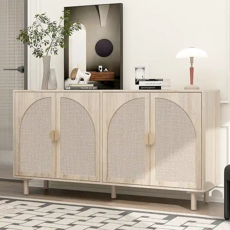 Storage Cabinet w/ 4 Rattan Door,Adjustable Shelves,Buffet Cabinet - 59.06Lx15.75Wx31.5H