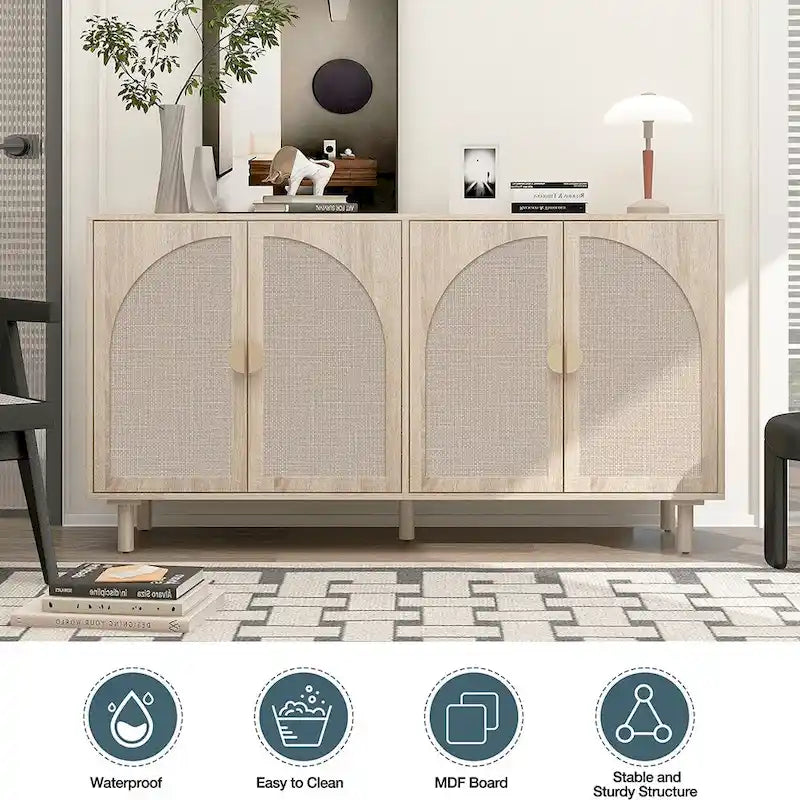 Storage Cabinet w/ 4 Rattan Door,Adjustable Shelves,Buffet Cabinet - 59.06Lx15.75Wx31.5H