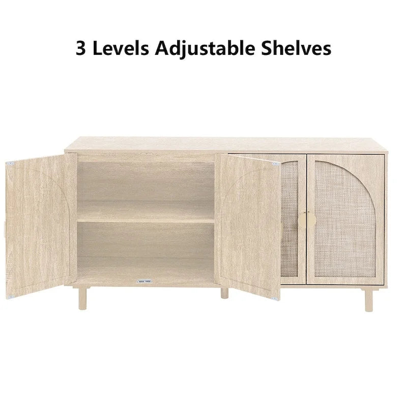Storage Cabinet w/ 4 Rattan Door,Adjustable Shelves,Buffet Cabinet - 59.06Lx15.75Wx31.5H