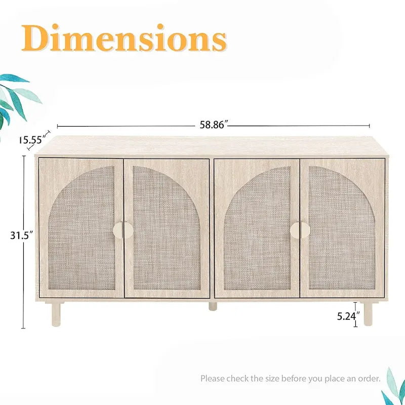 Storage Cabinet w/ 4 Rattan Door,Adjustable Shelves,Buffet Cabinet - 59.06Lx15.75Wx31.5H