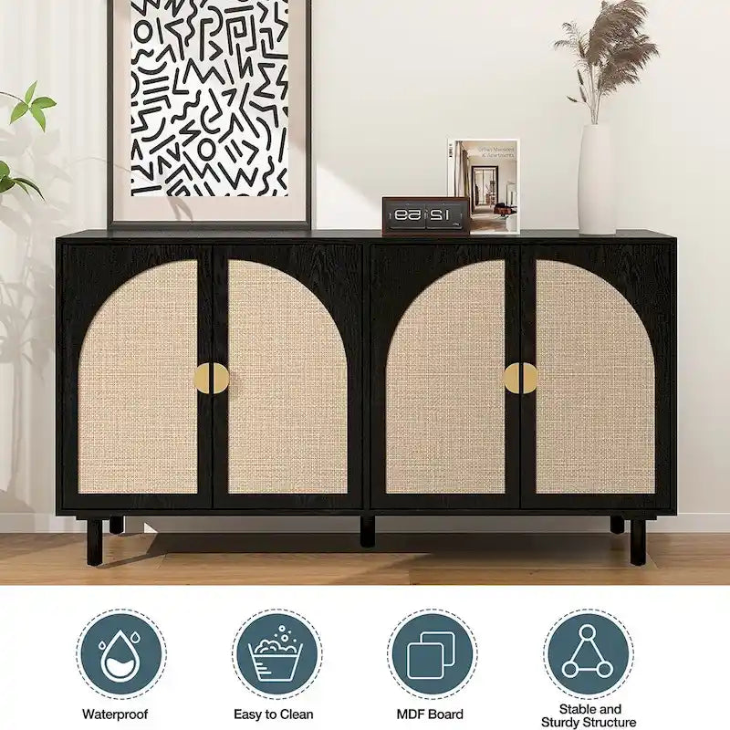 Storage Cabinet w/ 4 Rattan Door,Adjustable Shelves,Buffet Cabinet - 59.06Lx15.75Wx31.5H