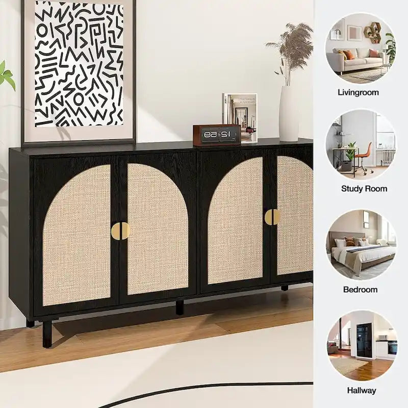 Storage Cabinet w/ 4 Rattan Door,Adjustable Shelves,Buffet Cabinet - 59.06Lx15.75Wx31.5H
