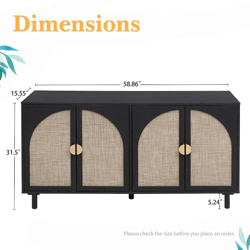 Storage Cabinet w/ 4 Rattan Door,Adjustable Shelves,Buffet Cabinet - 59.06Lx15.75Wx31.5H