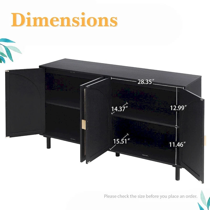 Storage Cabinet w/ 4 Rattan Door,Adjustable Shelves,Buffet Cabinet - 59.06Lx15.75Wx31.5H