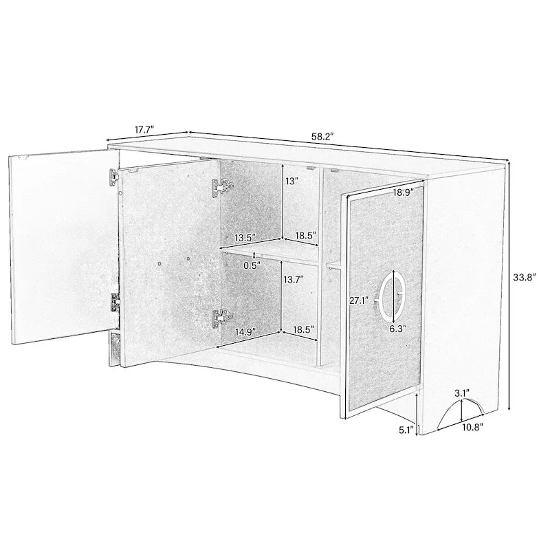 U_Style Curved Design Storage Cabinet w/Three Doors/Adjustable Shelves