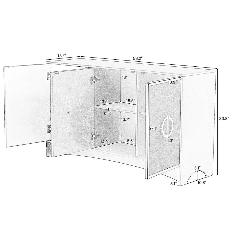 U_Style Curved Design Storage Cabinet w/Three Doors/Adjustable Shelves