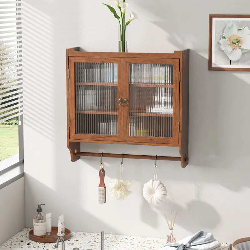 24.8Glass Door Vintage Double Door Wall Cabinet With Three Tiers of Storage With Towel Rack,for Bathroom, Kitchen,,Dining Room