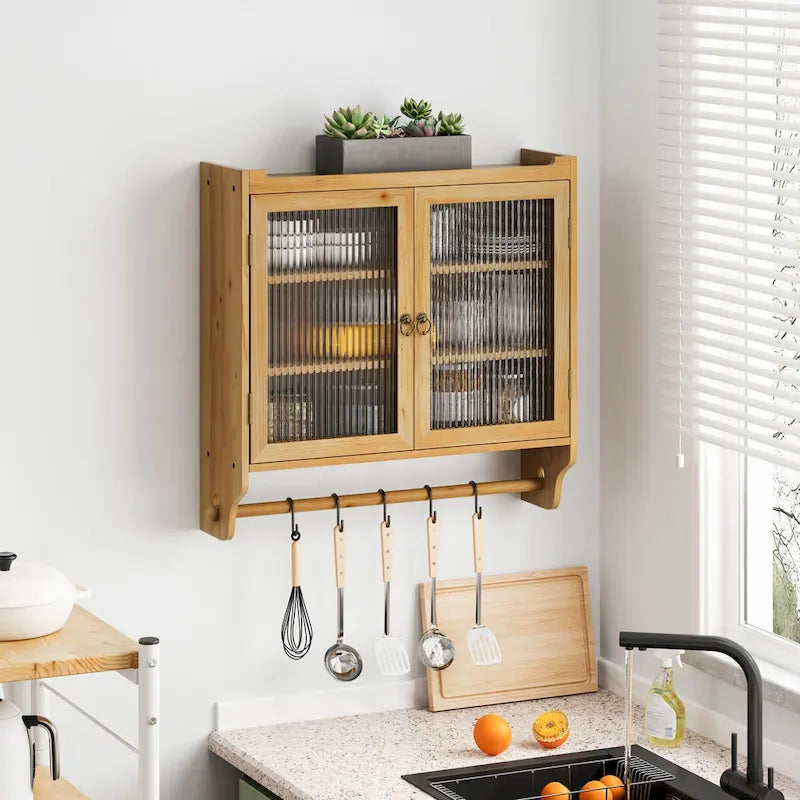24.8Glass Door Vintage Double Door Wall Cabinet With Three Tiers of Storage With Towel Rack,for Bathroom, Kitchen,,Dining Room