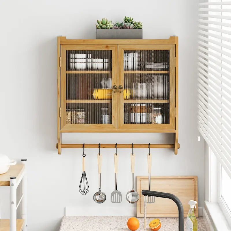 24.8Glass Door Vintage Double Door Wall Cabinet With Three Tiers of Storage With Towel Rack,for Bathroom, Kitchen,,Dining Room