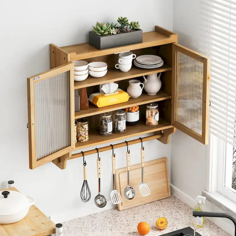 24.8Glass Door Vintage Double Door Wall Cabinet With Three Tiers of Storage With Towel Rack,for Bathroom, Kitchen,,Dining Room