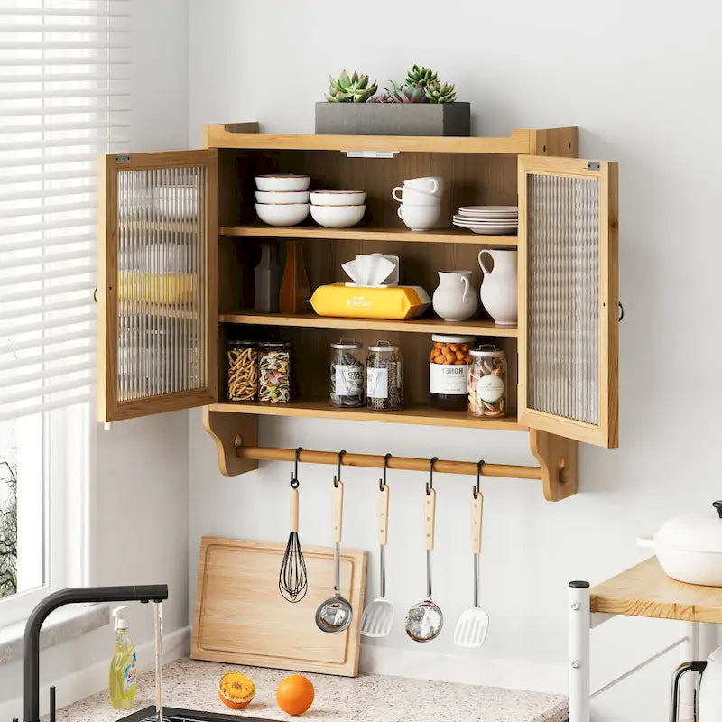 24.8Glass Door Vintage Double Door Wall Cabinet With Three Tiers of Storage With Towel Rack,for Bathroom, Kitchen,,Dining Room