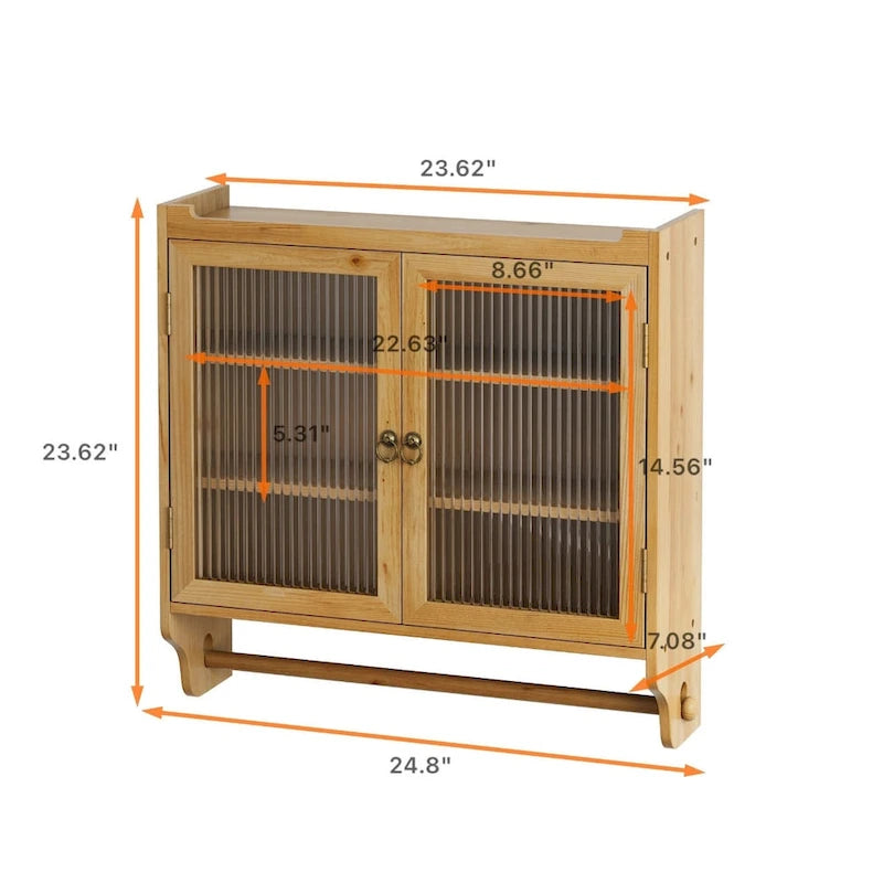 24.8Glass Door Vintage Double Door Wall Cabinet With Three Tiers of Storage With Towel Rack,for Bathroom, Kitchen,,Dining Room