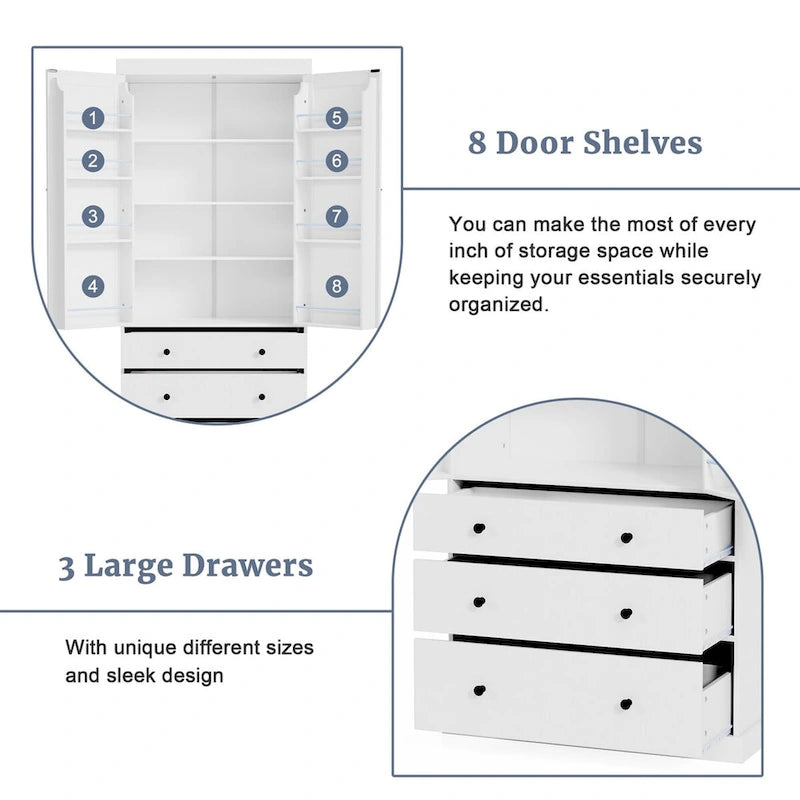 77inch Kitchen Pantry,Freestanding Tall Cupboard Storage Cabinet with 3 Adjustable Shelves,8 Door Shelves,3 Drawers