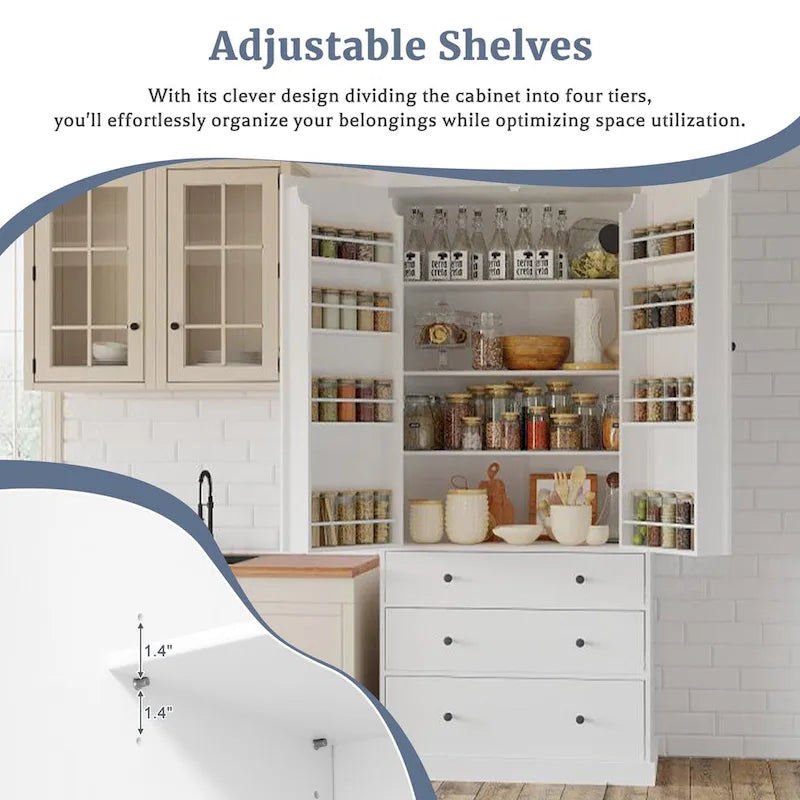 77inch Kitchen Pantry,Freestanding Tall Cupboard Storage Cabinet with 3 Adjustable Shelves,8 Door Shelves,3 Drawers