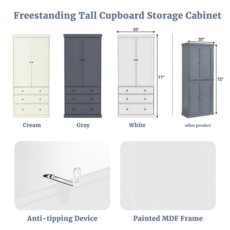 77inch Kitchen Pantry,Freestanding Tall Cupboard Storage Cabinet with 3 Adjustable Shelves,8 Door Shelves,3 Drawers
