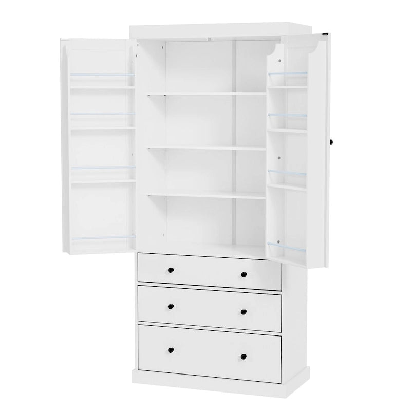 77inch Kitchen Pantry,Freestanding Tall Cupboard Storage Cabinet with 3 Adjustable Shelves,8 Door Shelves,3 Drawers