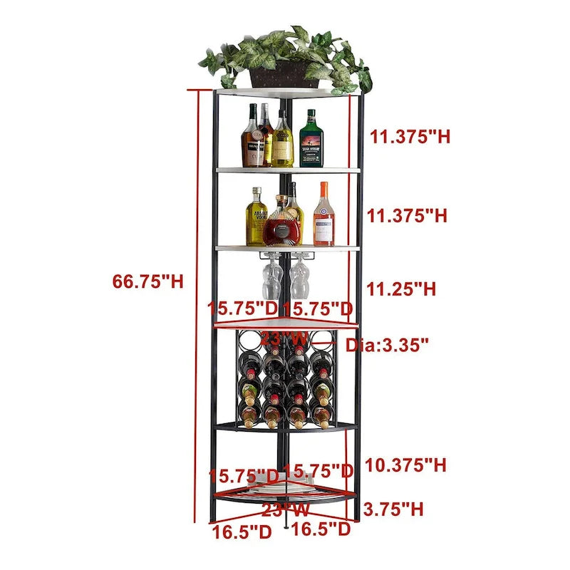 Corner Wine Rack with 4 Wood Shelves, 2 Stemware Racks and Wire Wine Rack