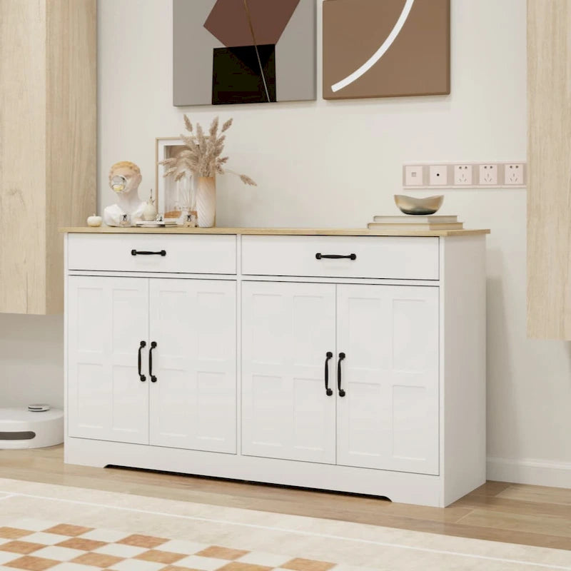 55.91 Large Farmhouse Buffet Cabinet Storage Sideboard with 2 Drawers and 4 Doors for Dining Living Room Kitchen Cupboard-White