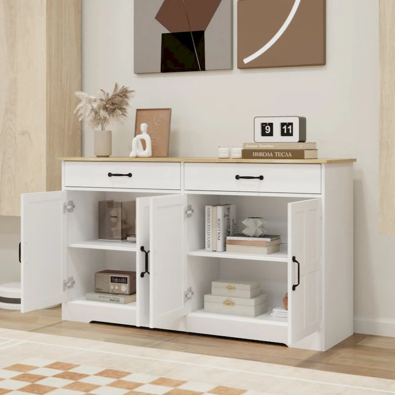 55.91 Large Farmhouse Buffet Cabinet Storage Sideboard with 2 Drawers and 4 Doors for Dining Living Room Kitchen Cupboard-White