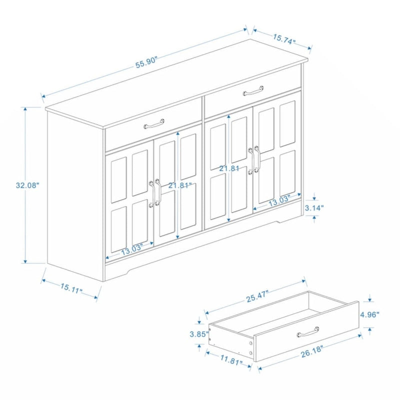 55.91 Large Farmhouse Buffet Cabinet Storage Sideboard with 2 Drawers and 4 Doors for Dining Living Room Kitchen Cupboard-White