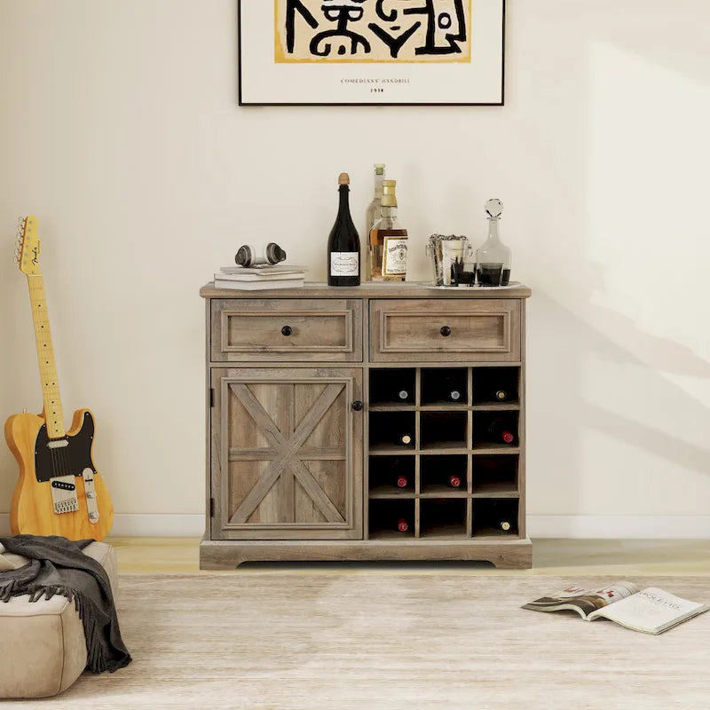 Barn Door Buffet Bar Cabinet With Drawers And Storage Shelves