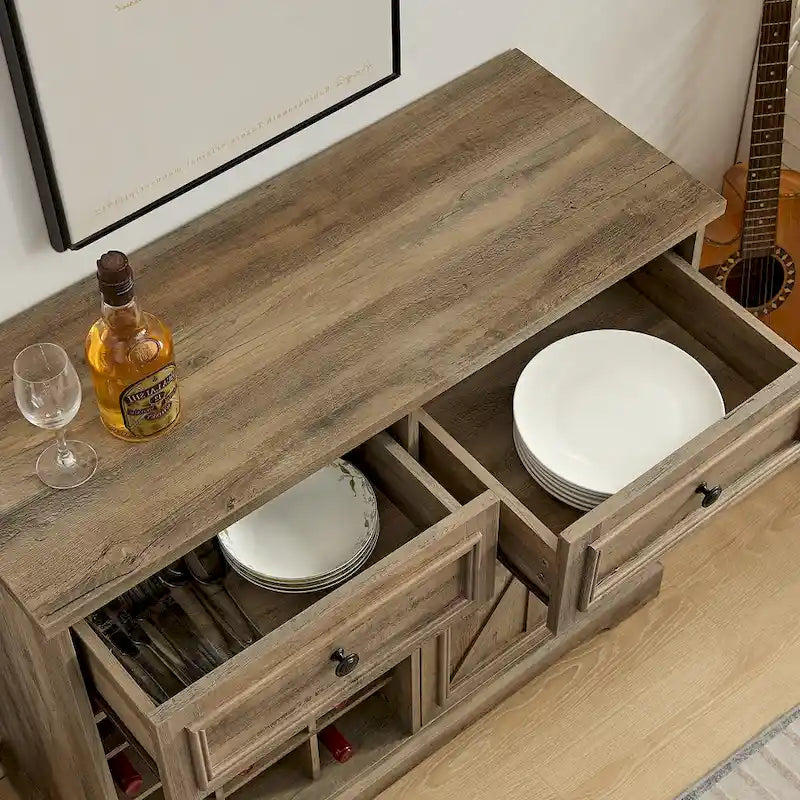 Barn Door Buffet Bar Cabinet With Drawers And Storage Shelves