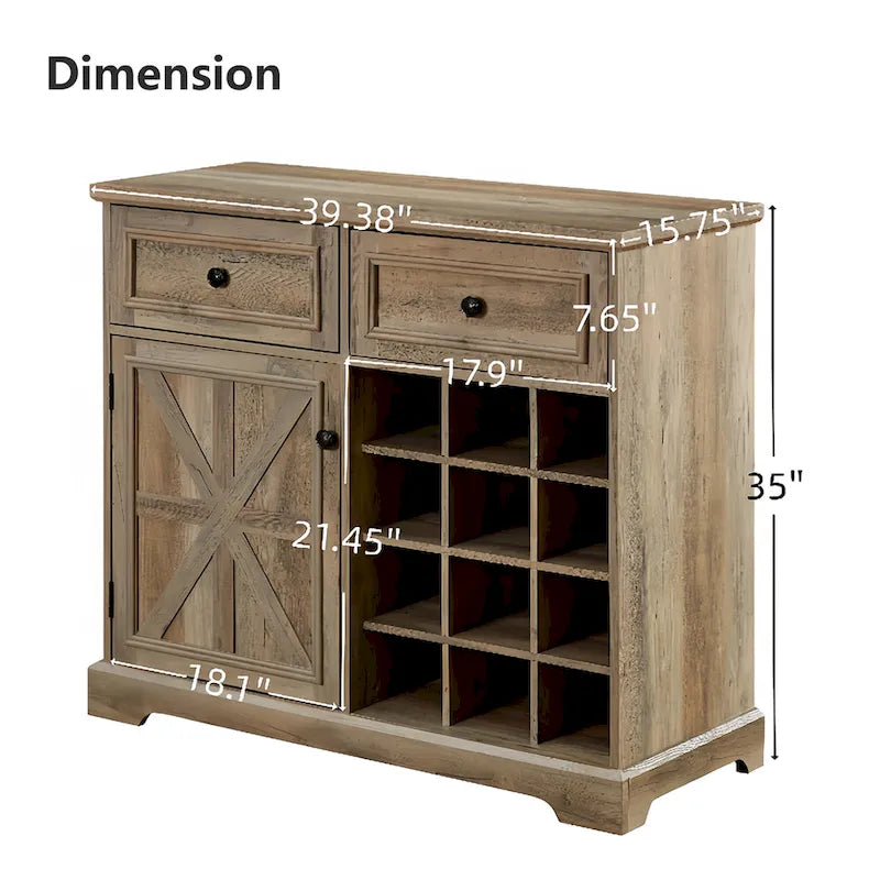 Barn Door Buffet Bar Cabinet With Drawers And Storage Shelves