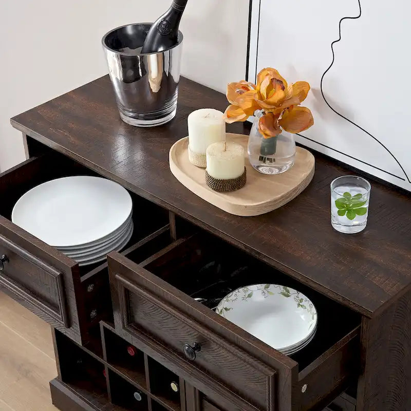 Barn Door Buffet Bar Cabinet With Drawers And Storage Shelves