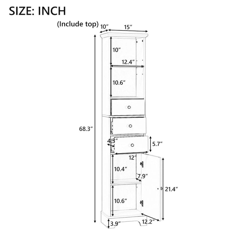Tall Bathroom Cabinet, Freestanding Storage Cabinet with 3 Drawers and Adjustable Shelf