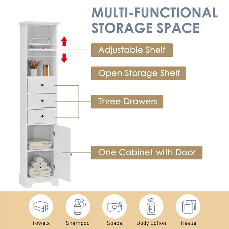 Tall Bathroom Cabinet, Freestanding Storage Cabinet with 3 Drawers and Adjustable Shelf