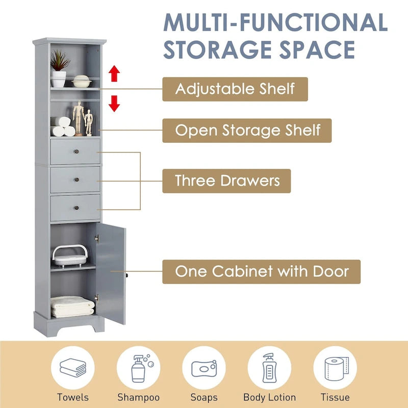 Tall Bathroom Cabinet, Freestanding Storage Cabinet with 3 Drawers and Adjustable Shelf