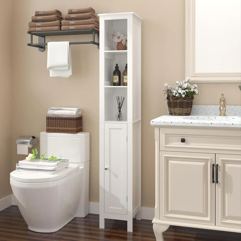 67 Tall Bathroom Storage Cabinet with Adjustable Shelves 1 Doors Freestanding Cabinet with Anti-Tip Open compartments in White