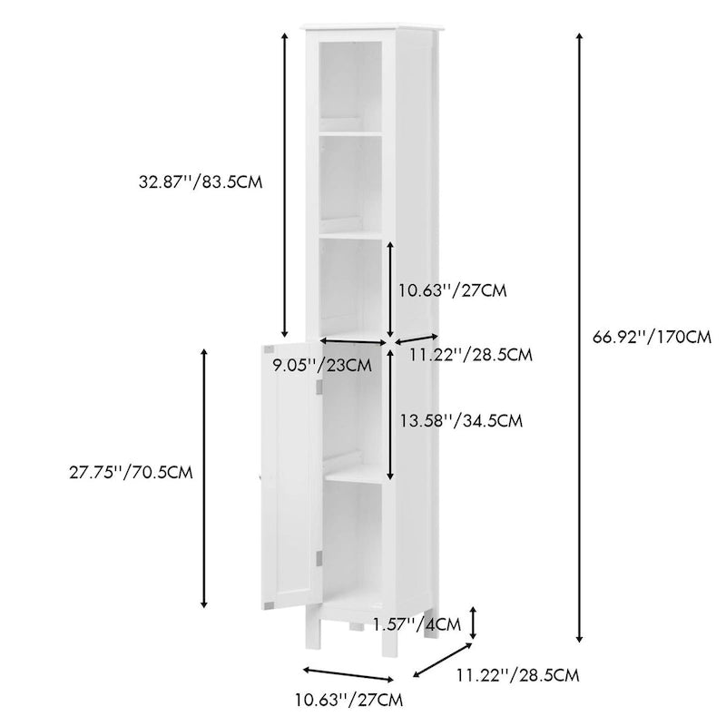 67 Tall Bathroom Storage Cabinet with Adjustable Shelves 1 Doors Freestanding Cabinet with Anti-Tip Open compartments in White