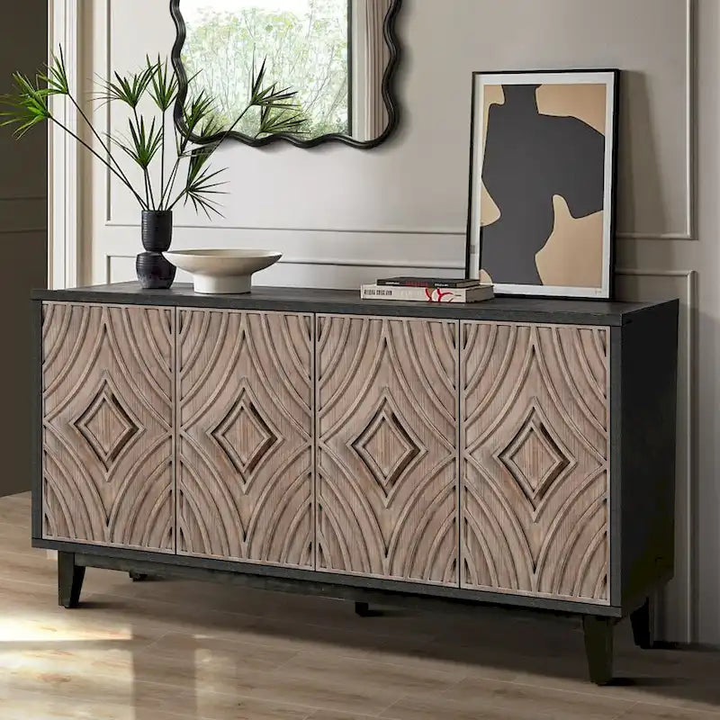 Sideboard Buffet Cabinet with Solid Wood Legs 60 Cabinet with 4 Convex pattern diamond Doors and 2 Shelves