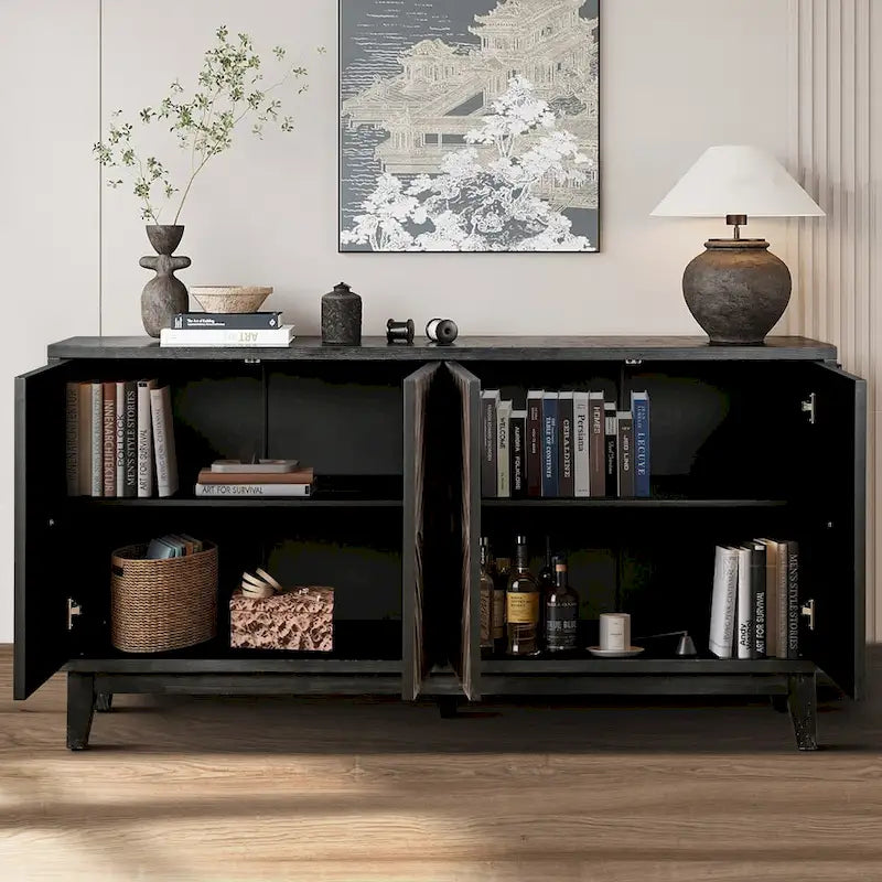Sideboard Buffet Cabinet with Solid Wood Legs 60 Cabinet with 4 Convex pattern diamond Doors and 2 Shelves