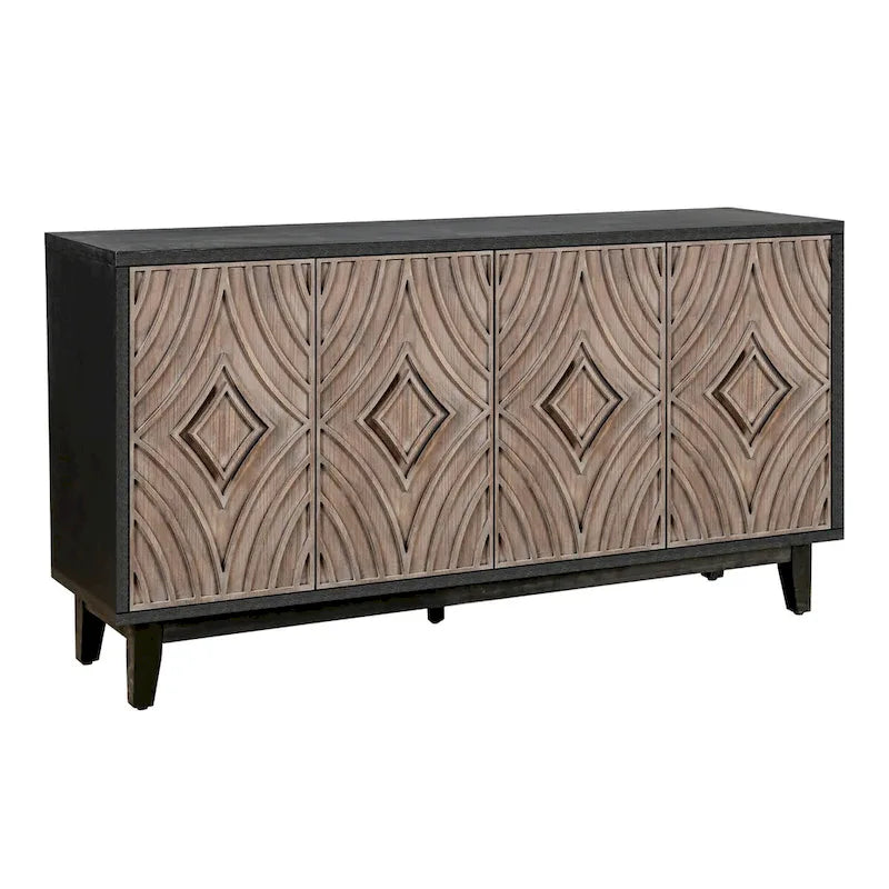 Sideboard Buffet Cabinet with Solid Wood Legs 60 Cabinet with 4 Convex pattern diamond Doors and 2 Shelves