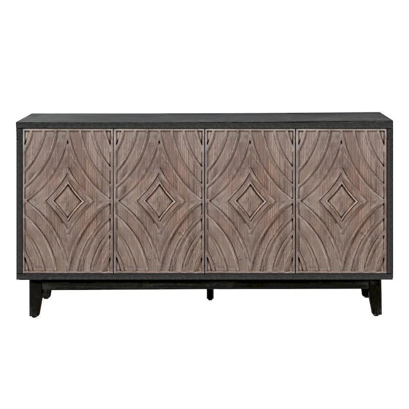 Sideboard Buffet Cabinet with Solid Wood Legs 60 Cabinet with 4 Convex pattern diamond Doors and 2 Shelves