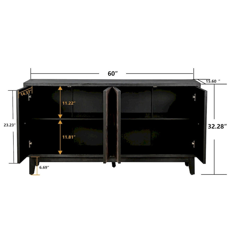 Sideboard Buffet Cabinet with Solid Wood Legs 60 Cabinet with 4 Convex pattern diamond Doors and 2 Shelves