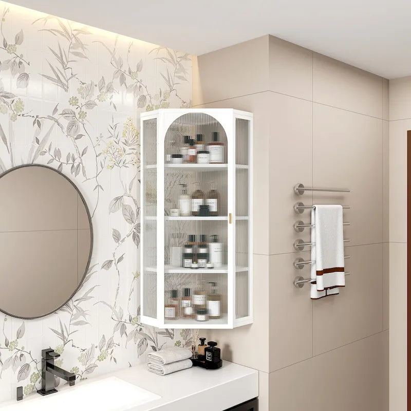 Wall-Mounted Corner Cabinet with Glass Doors & Four Shelves