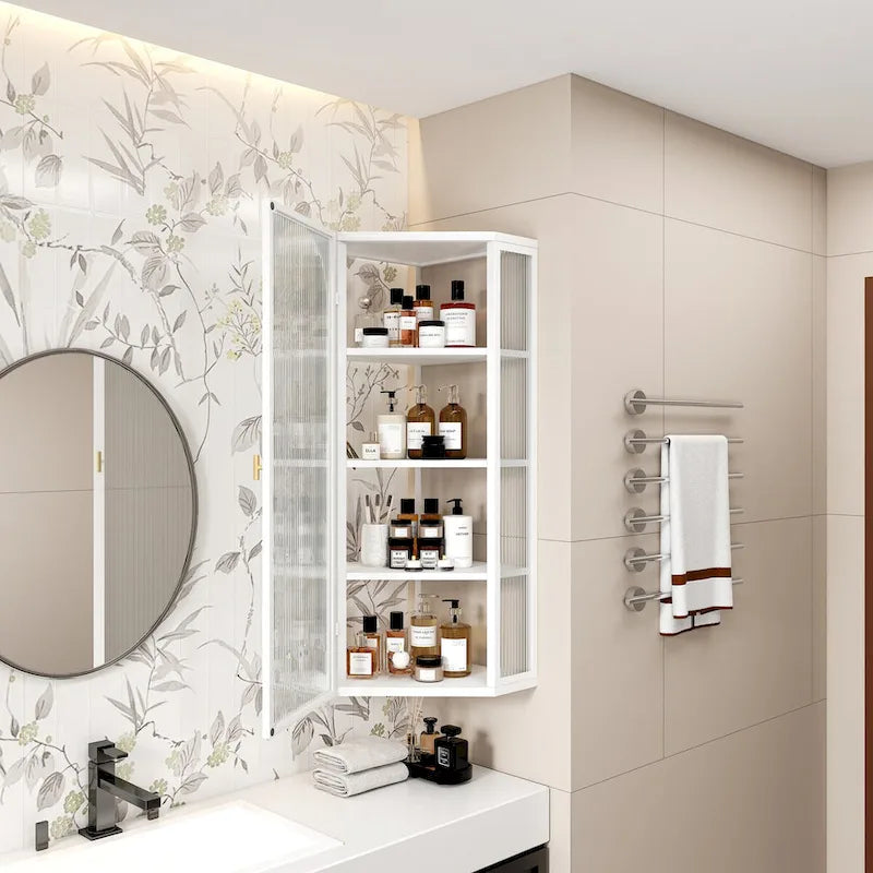 Wall-Mounted Corner Cabinet with Glass Doors & Four Shelves