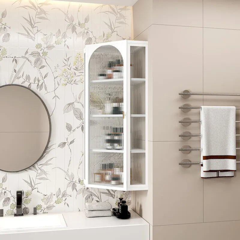Wall-Mounted Corner Cabinet with Glass Doors & Four Shelves