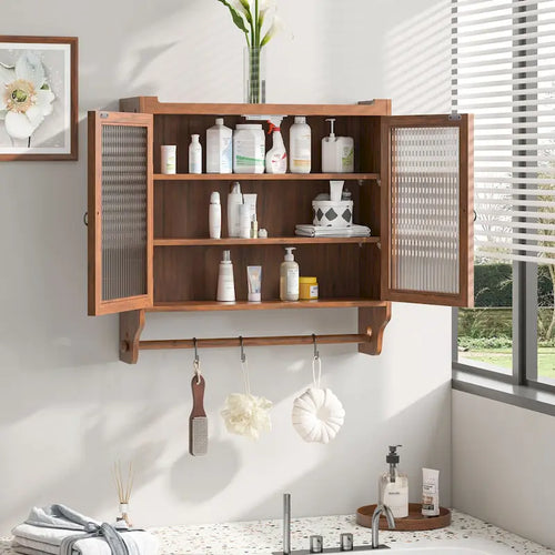 24.8" Vintage Glass Door Wall Cabinet – Double Doors, Three-Tier Storage & Towel Rack